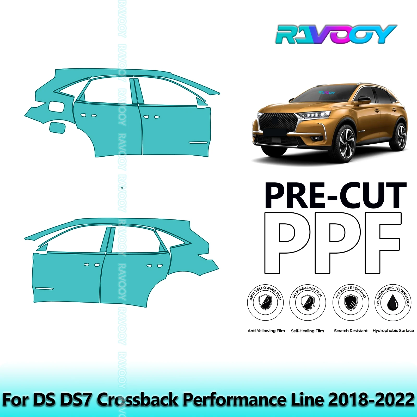 

For DS DS7 Crossback Performance Line 2018-2022 8.5mil Pre-Cut PPF Door & A/B Pillar Kit TPU Paint Protection Film Set