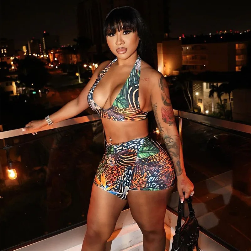 

Sexy Plant Flowers Print 2 Piece Sets Summer Women Clothes Halter Backless Vests Crop Top Mini Shorts Skirts Vacation Beach Suit