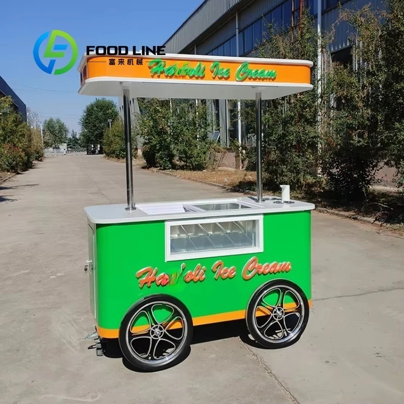 Customized Commercial Hand Push Ice Cream Vending Cart With Built-in Freezer Outdoor Street Popsicle Snack Mobile