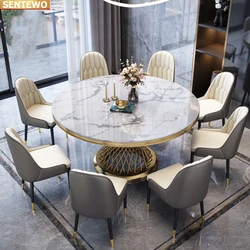 Designer Luxury round dinning Marble Rock Slab dining table set 4 chairs mesa comedor furniture marbre Stainless steel gold base