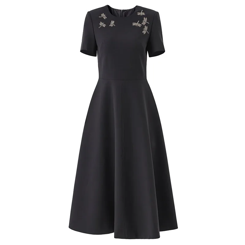 

Black Solid A-LINE Dress Women Beading Animal O-Neck Dress