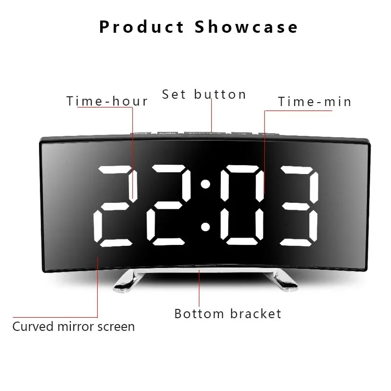 Creative Curved Electronic Clock, LED Large Screen Plug-in Battery Dual-purpose Mirror Alarm Clock, Student Bedroom Dedicated 3