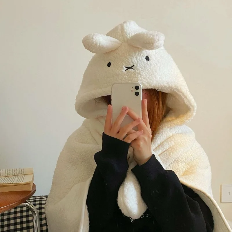 

Kawaii Miffy Shawl Nap Air Conditioning Blanket with Hat Plush Cloak Rest Nap Warm Blanket Cloak Boys and Girls Christmas Gift