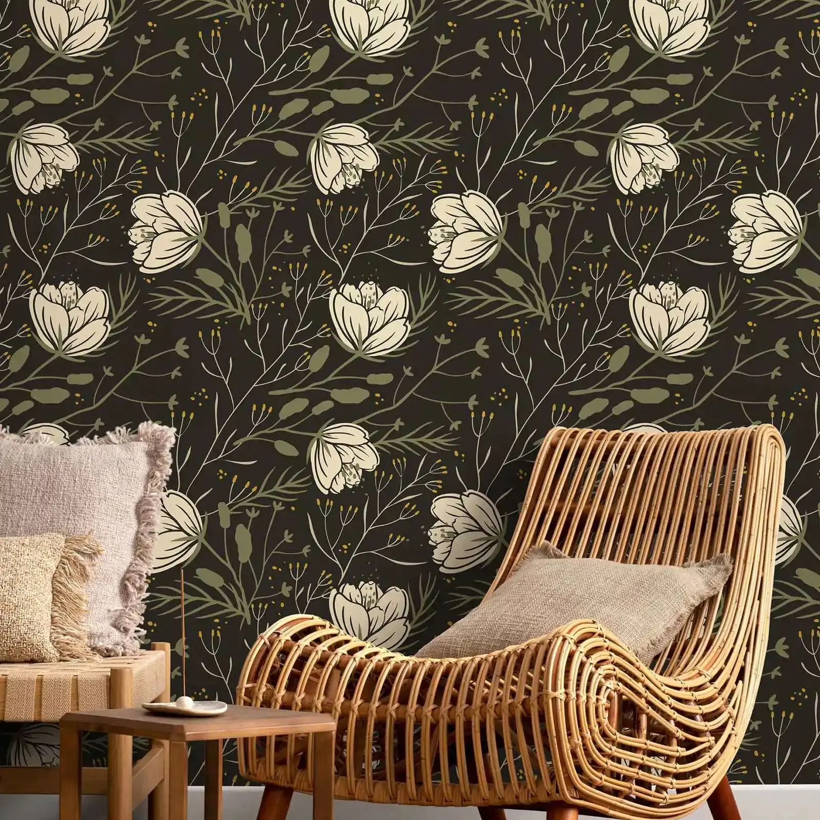 Dark Floral Scandinavian Wallpaper, Peel and Stick Wallpaper Mural Wallpaper For Home Decor Wall Art Wall Decoration,50cm *300cm