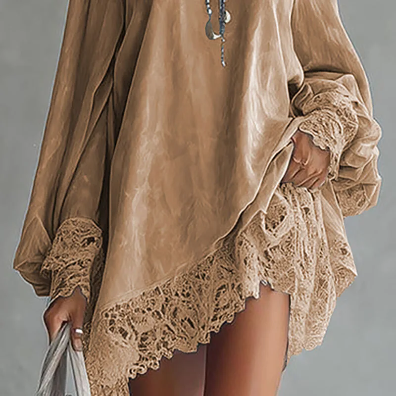 Abito da donna sexy con scollo a V patchwork in pizzo Abito da festa primaverile elegante solido allentato Mini abito autunno manica lunga A-Line Boho Dress Vestidos