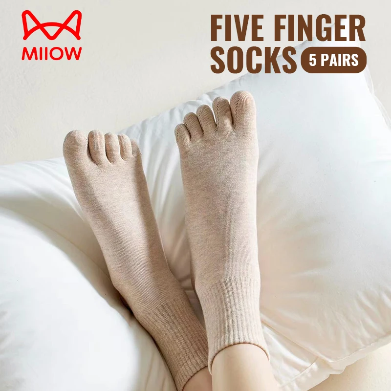 MiiOW 5Pairs Women Pure Cotton Split Toe Sock Set Deodorant Antibacterial Sports Five Finger socks Solid Color Slimming Stocking