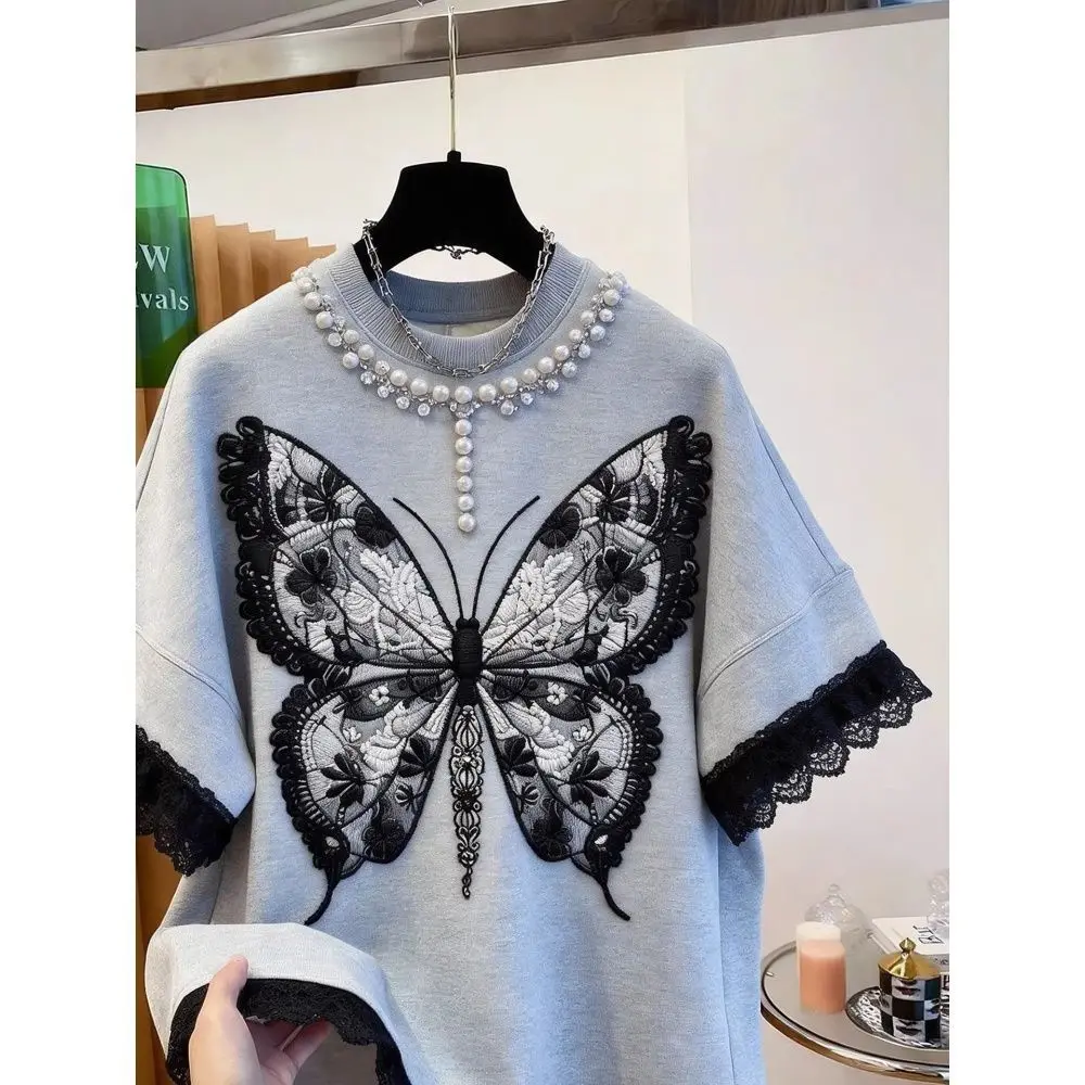 Original Design Heavy Industry Butterfly Embroidered Lace Trim Short Sleeve T-shirt Women's European Style Luxury Fashion Top