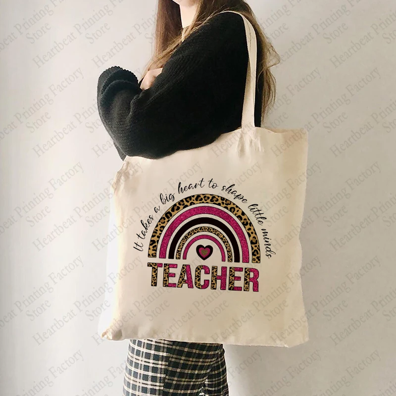 

Teacher Rainbow Pattern Shopping Bag Casual Canvas Shoulder Bags Handbag Reusable Foldable Storage Tote Bag Gift For Teacher