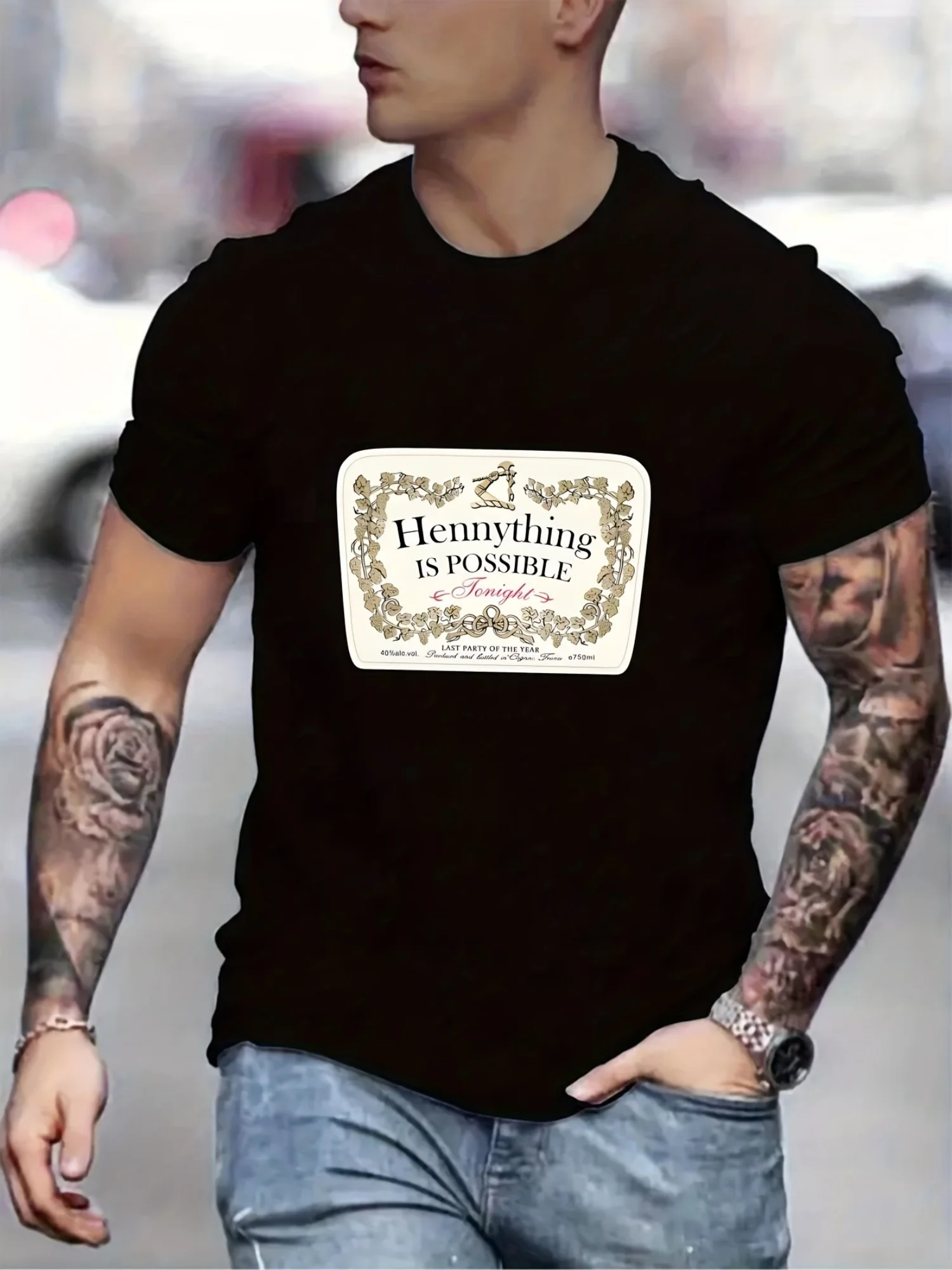 

[HENNYTHING IS POSSIBLE Printing T] Black Cotton HENNYTHING IS POSSIBLE Printing T - Round Neck, Oversize, Neat Stitch, Casual