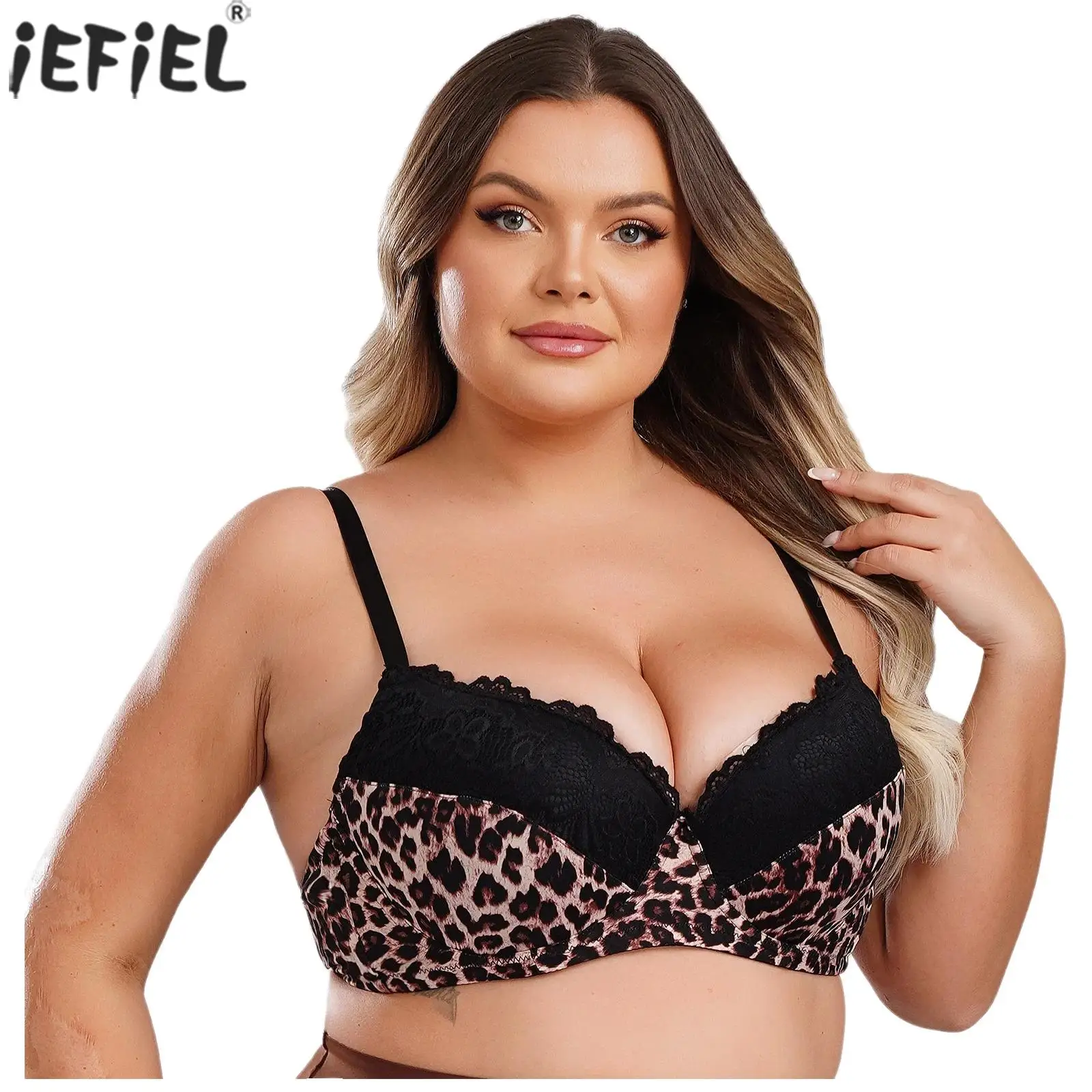 

Plus Size Bra Top Large Breast 3/4 Cup Push Up Brassier Women Lace Leopard Print Sexy Embroidery Unlined Non Padded Brassier