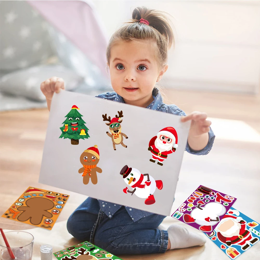 8/16sheets Children Cartoon Christmas Puzzle Stickers Game Make a Face DIY Assemble Jigsaw Decals Toy Kids Party Decoration Gift