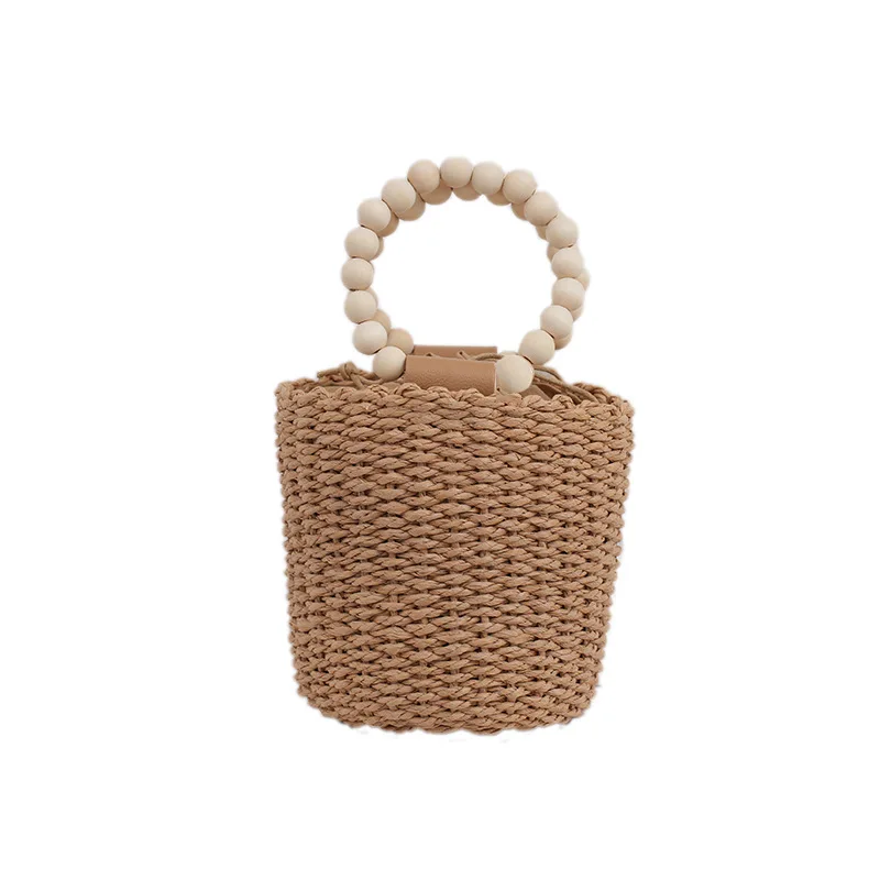 Fashion Wooden Beading Women Handbags Paper Woven Hand Bags Casual Summer Beach Bucket Bag Bali Small Female Straw Bag