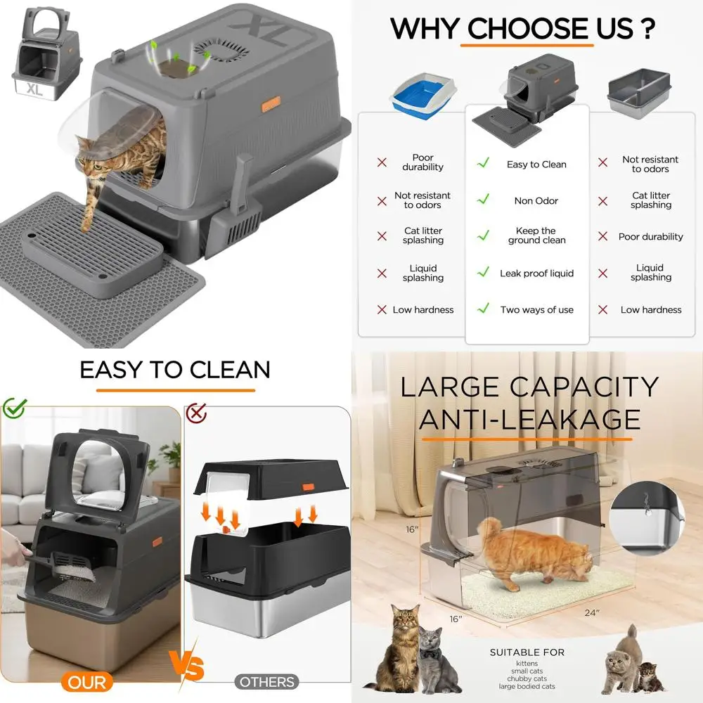 

Extra Large Enclosed Stainless Steel Cat Litter Box with Lid, Removable Metal Litter Box, Litter Scoop & Double Layer Mat, Suita