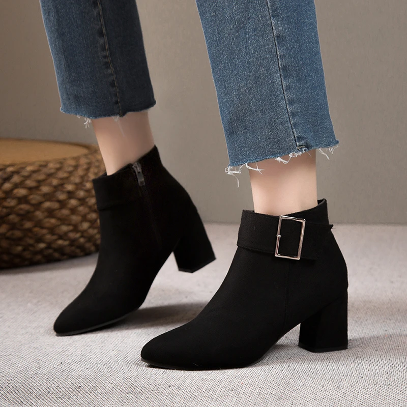 Black Ankle Boots Heels Pointed Toe Fashion Warm Casual Ankle Women\'S Strap Women\'S Boots Women Boots Botas De Mujer