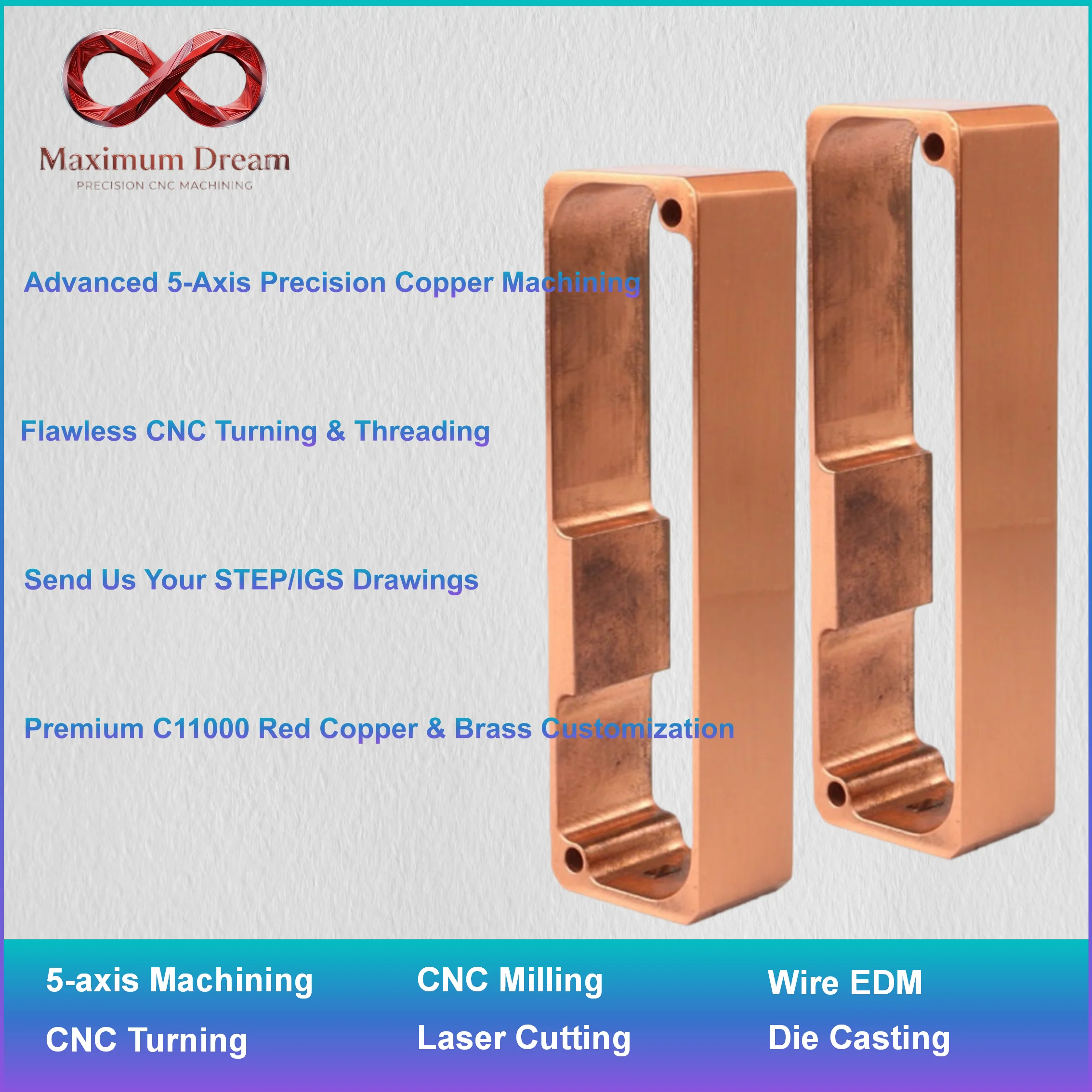 Bespoke Copper CNC Machining Service, High Precision Water Cooling Heat Exchanger Block Fabrication, 1pc Custom