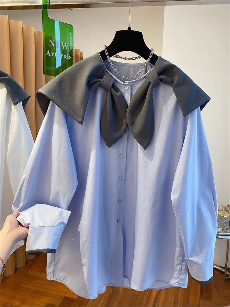 Shirts & blouses Design Sense Single-breasted bow Navy Collar big Lapel Shirt Women's new Loose Age-reducing Doll Collar top