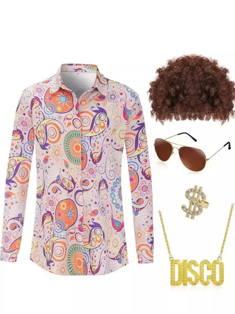 

Hippie Sle Floral irt Men's loween Costume 70s Disco Attire Vintage Men's Long Sve Cotton Flannel Button up