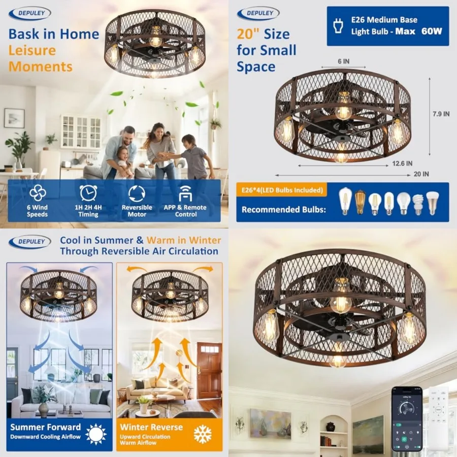 

Flush Mount Ceiling Fan: 20" Caged Ceiling Fans with Lights and Remote App Control for Kitchen Bedroom Farmhouse - Rustic Low P