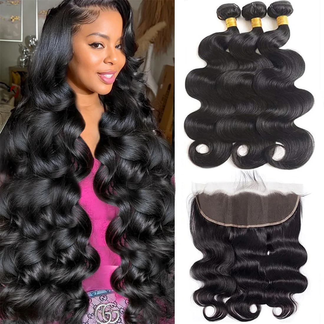 Human Hair Bundles with Frontal Body Wave Brazilian Virgin Human Hair 3 Bundles with 13x4 HD Transparent Lace Frontal Human Hair