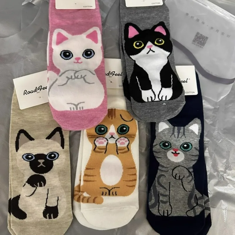 

Модные красочные кавайные милые хлопковые женские носки с рисунком котенка, Harajuku, универсальные дышащие повседневные носки до щиколотки, детские забавные носки