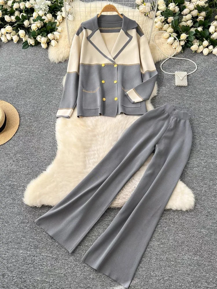 

Women's Knit 2 Piece Pant Sets 2025 Spring Color-blocked Cardigan + High Waist Wide Leg Pants Suits Outfits Elegant Workwear Set