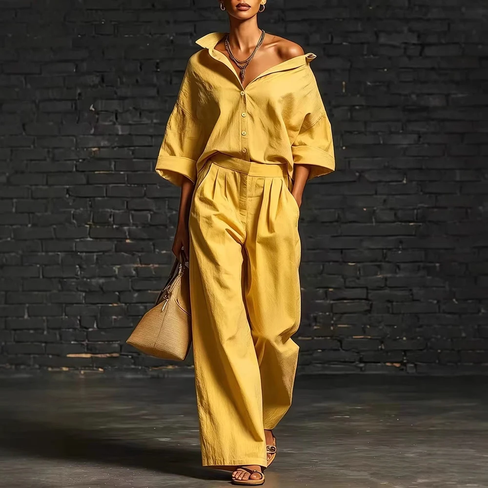 

Women’s Faux Linen Elegant Shirt 2 Piece Set Oversized Button Shirt 3/4 Sleeves Casual Top Blouse With Wide Leg Pants Daily Sets