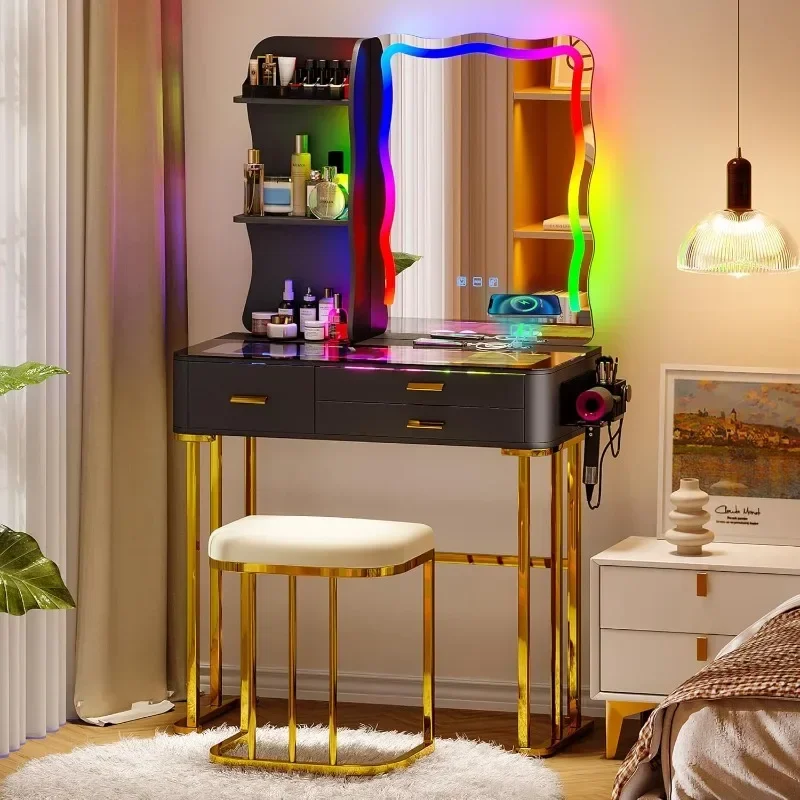 RGB Makeup Vanity Desk with Wireless Charging Station,7 Dynamic and 7 Static Dimmable Vanity Table with Visible Glass Top