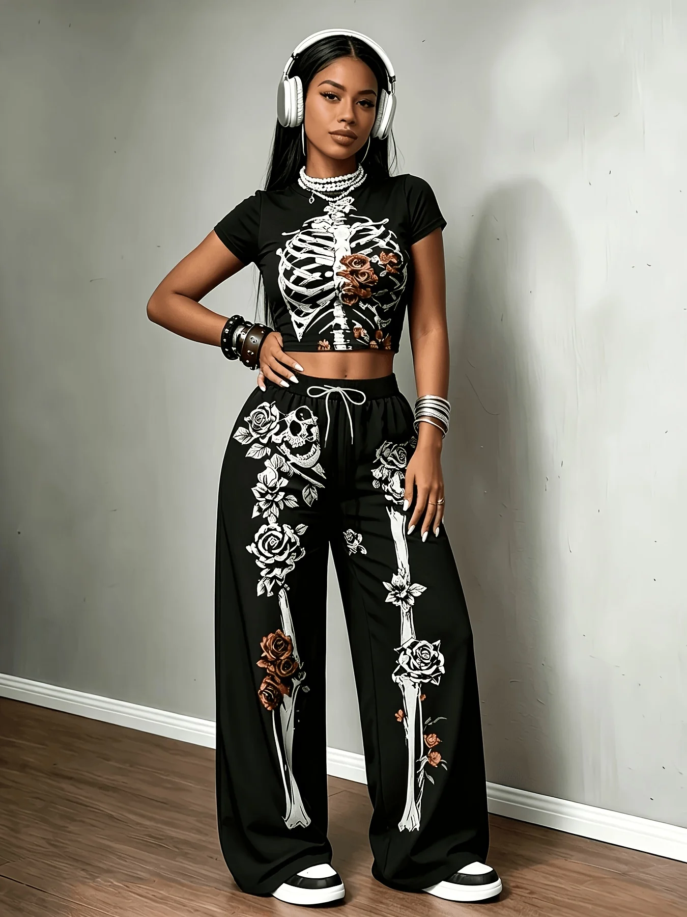 Women Halloween Skeleton Rose Print Wide Leg Pants Gothic Moon Star Floral Skull Drawstring Elastic Waist Casual Trousers