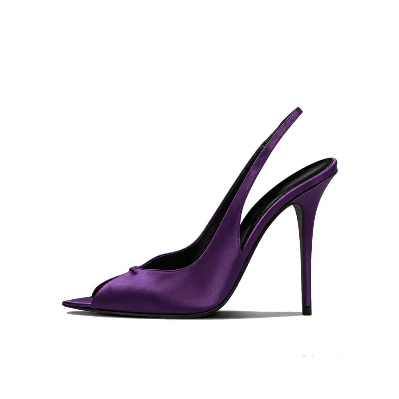 2026 New Purple Satin Pointed Fish Mouth Empty Sandals with sexy Buckle and High Heels, Women's Ultra-Fine Follow-Up Shoes