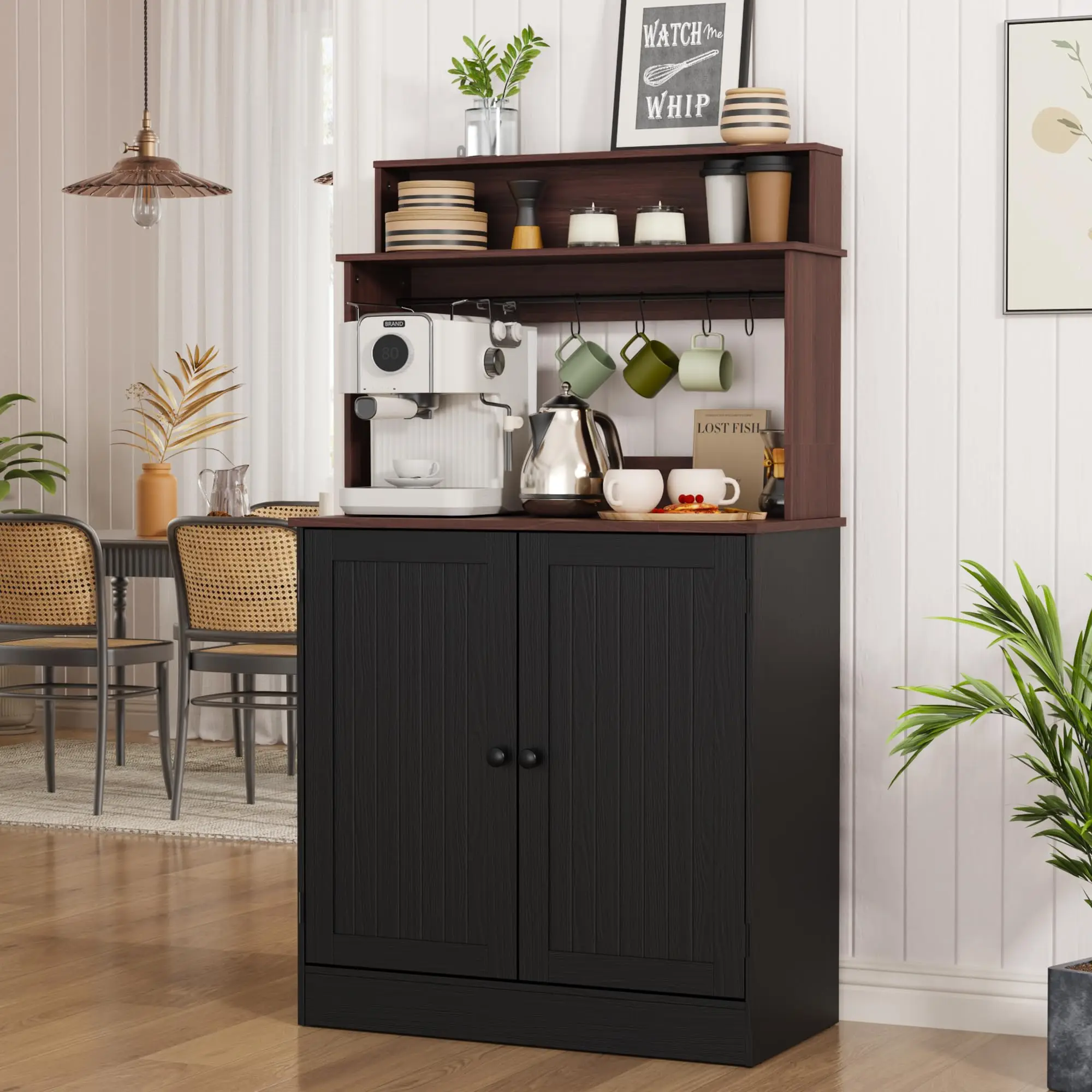 Farmhouse Coffee Bar Cabinet with Storage, Rustic Buffet Cabinet with 5 Hooks, Small Coffee Station Cabinet for Kitchen
