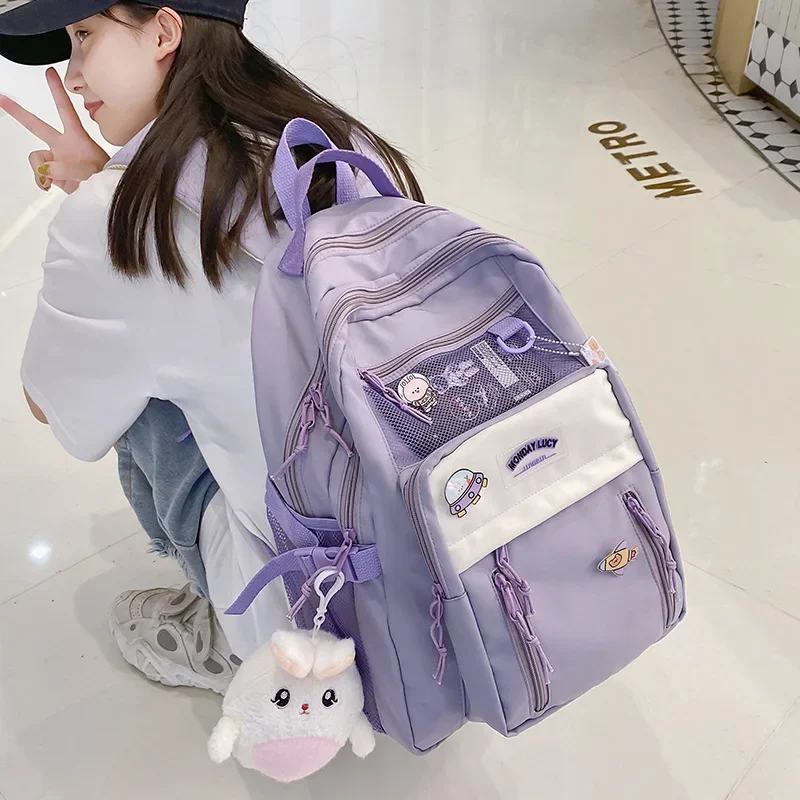 

Cute Casual Travel Nylon Waterproof Women Backpack College Purple Schoolbag for Teenage Girls Korean Fashion Backpack Bookbag