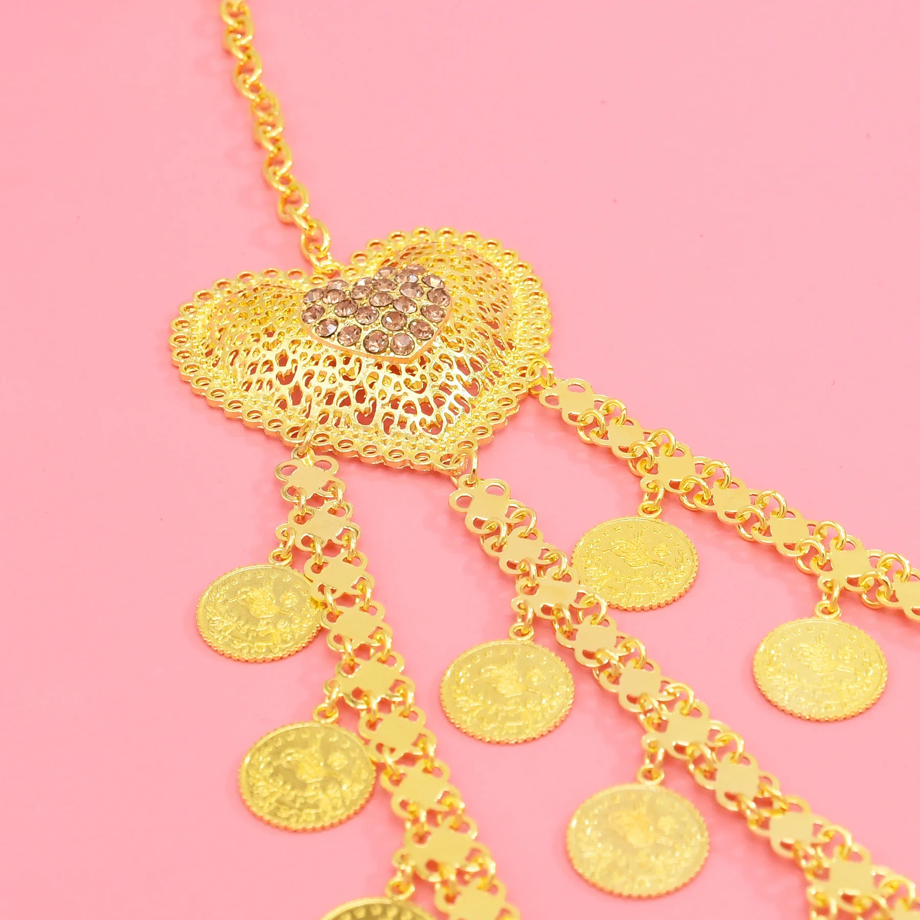 3Pcs/Set Heart Shaped Coins Tassel Jewelry Set Earrings Necklace For Women Exquisite Rhinestone Flower Multi Layers Accessory