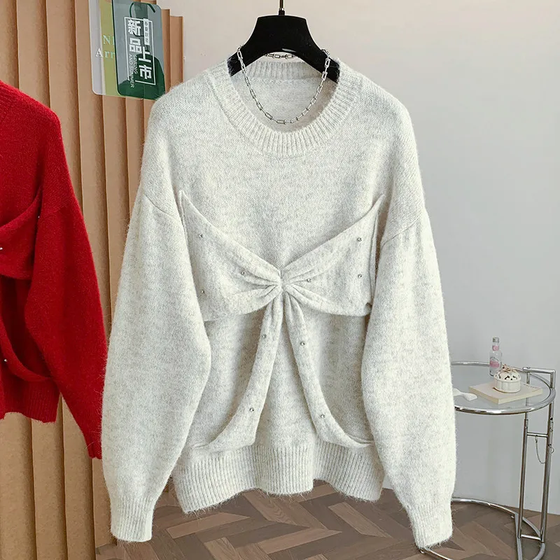 

SuperAen Embroidered Flares Bow Sweater Women's Autumn New Oversize Elegant Fashionable Pullovers Long-sleeved Tops