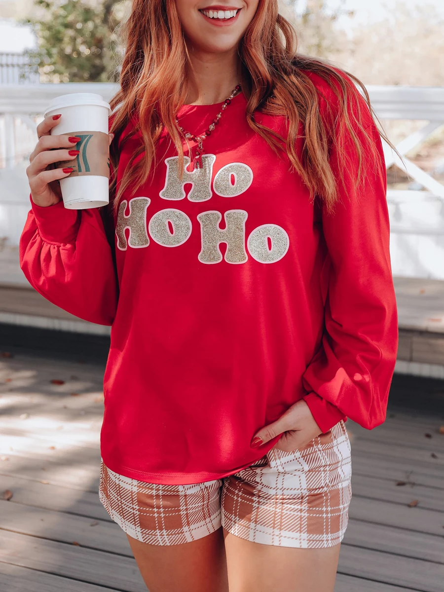 

Women's Spring Autumn Loose Sweatshirt Red Christmas Letter Print Long Sleeve Round Neck Pullover Tops Female Casual Hoodies Y2K