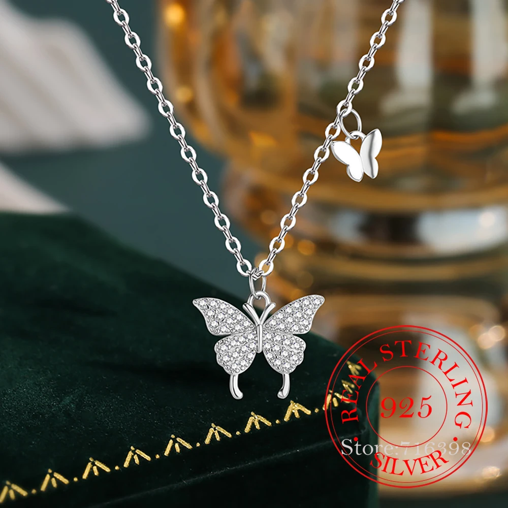 

925 Sterling Silver Crystal Butterfly Pendant Necklace For Women Choker Chain Wedding Engagement Jewelry Gift