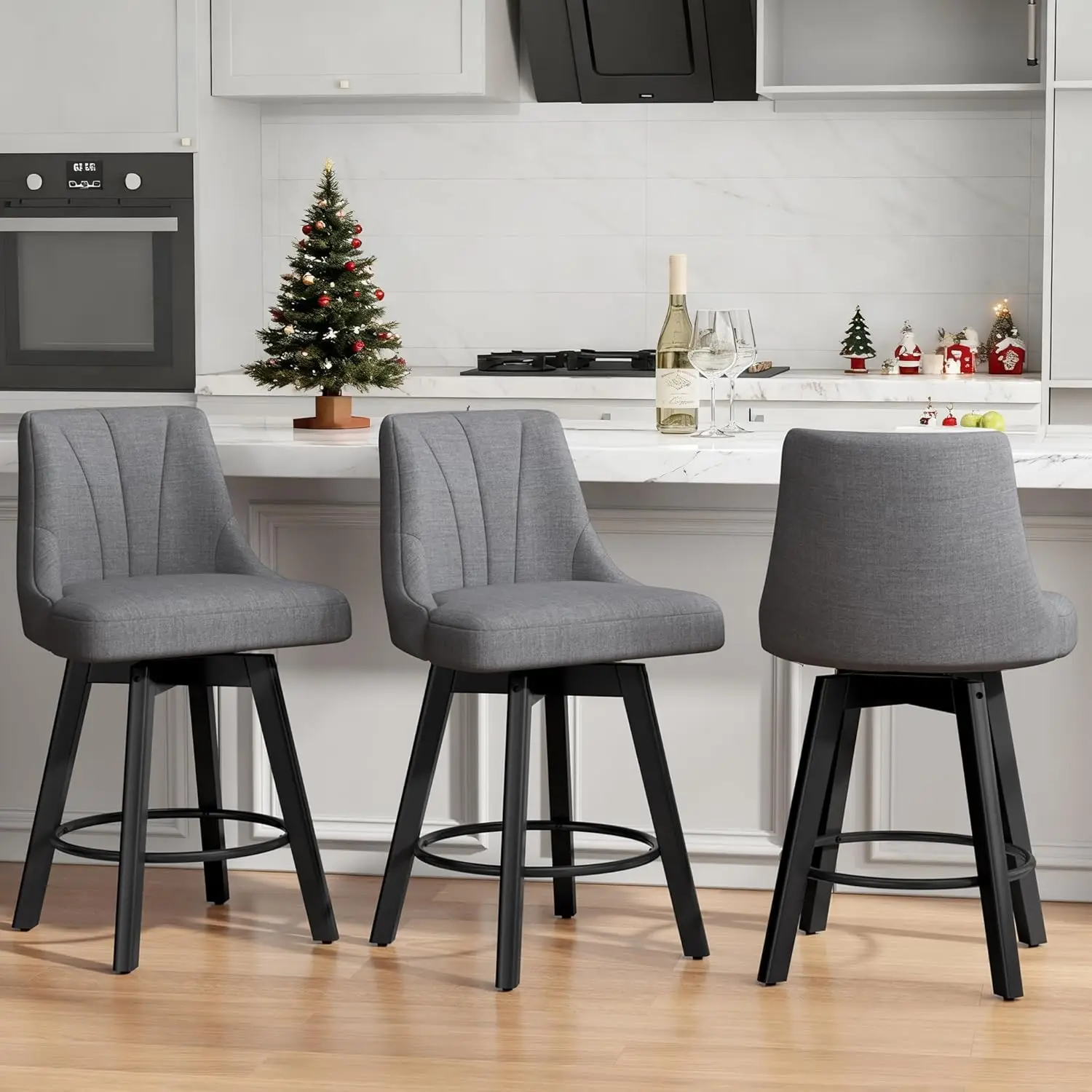 مقعد مرتفع دوار بارتفاع عداد، مجموعة مقاعد للبار من القماش المنجد مقاس 24 بوصة مكونة من 3 قطع، كرسي مقعد مضاد مع ظهر وأرجل من الخشب الصلب