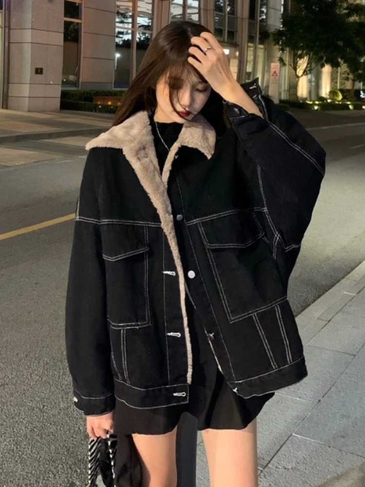 

New Korean Fashion Winter Women Coat Warm 2023 Lapel Denim Thick Jacket Casual Work Clothes Cotton Padded Jackets for Women Tops