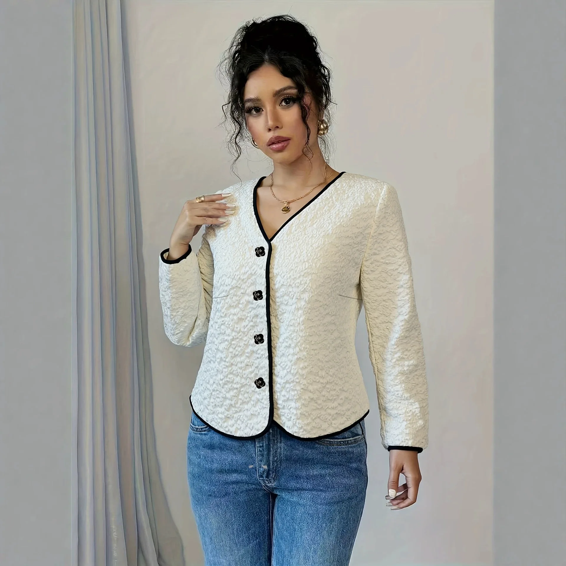 

Spring And Autumn Textured Lady-style Jacket With Contrasting Colors, V-neck, Waist-cinching, Slimming Top, Shirt Jacket For