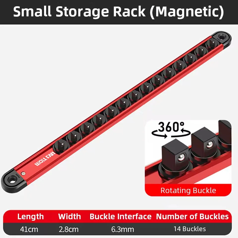 3PCS Magnetic Socket Organizer Rail Set Metric & SAE Aluminum Socket Holder 3/8'' 1/2'' with 360° Clips for Tool Box