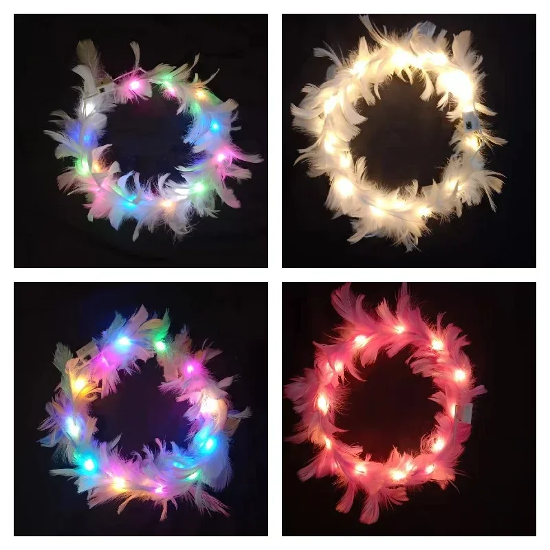 Girl‘s Glow Headband Adjustable LED Light Feather Wreath Crown Hairband for Wedding Birthday Glow Party Hair Accessories