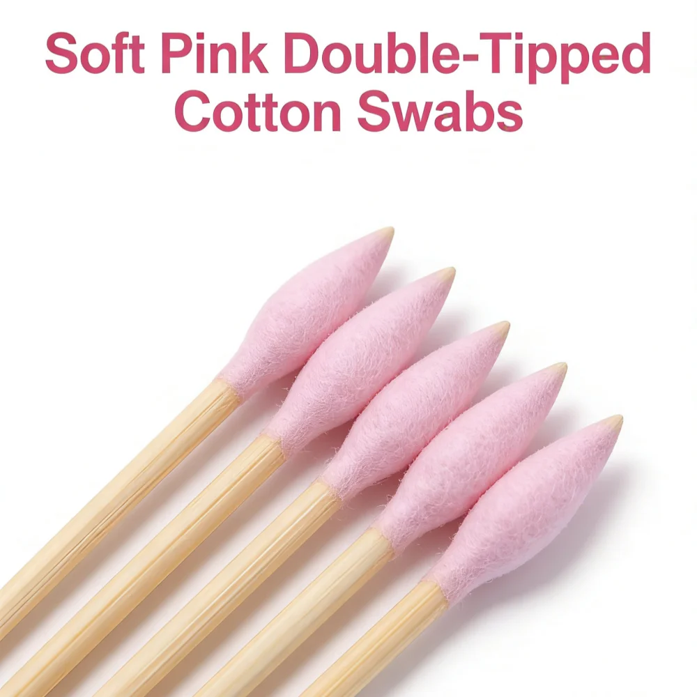 7.5cm Pink Bamboo Cotton Swabs with Pink Double Pointed Tips, Disposable Cosmetic Cotton Buds for Ear Cleansing, Makeup Touch Up