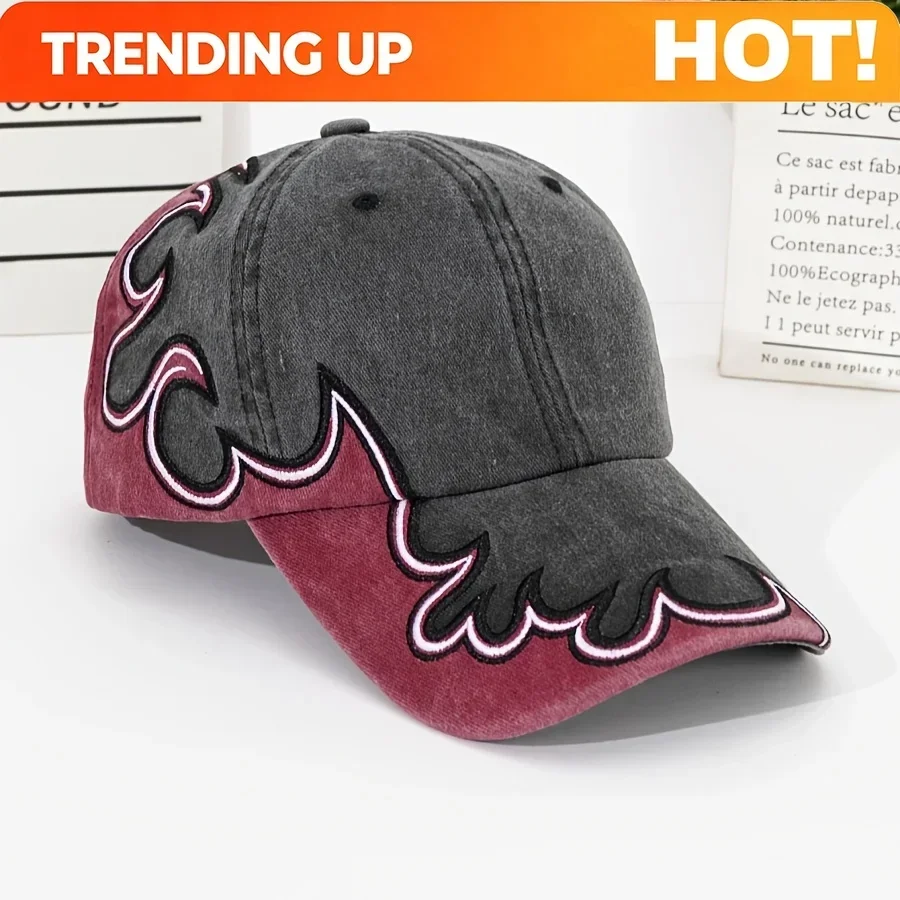 Customization Retro Distressed Baseball Cap With Flame Embroidery, Adjustable Dad Hat For Both Men And Women Hats
