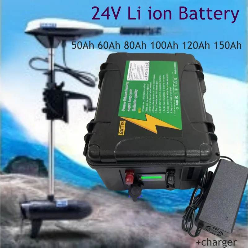 IP67 Waterproof 24V Lithium Ion Battery with BMS 60Ah-150Ah Boat Thruster Solar Inverter Compatible with 10A Charger