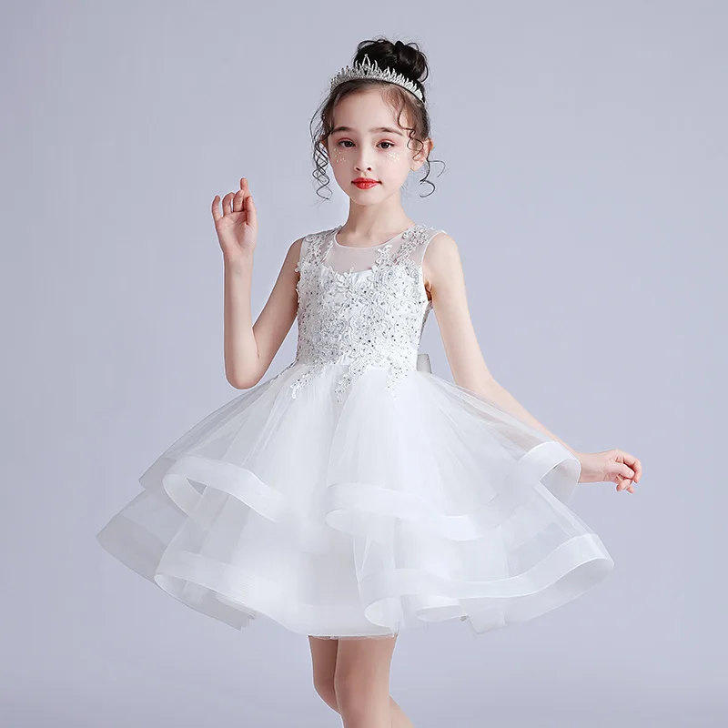 New Kids Dresses White Costume For Girls Bridesmaid Wedding Dress Baptismal Girl Princess Dress Elegant Evening Gown Puffy Dress