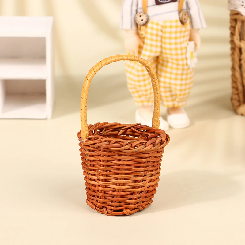 1Pcs Dollhouse Miniature Woven Flower Basket Hand Basket Storage Basket Kids Pretend Play Toy Doll House Accessories