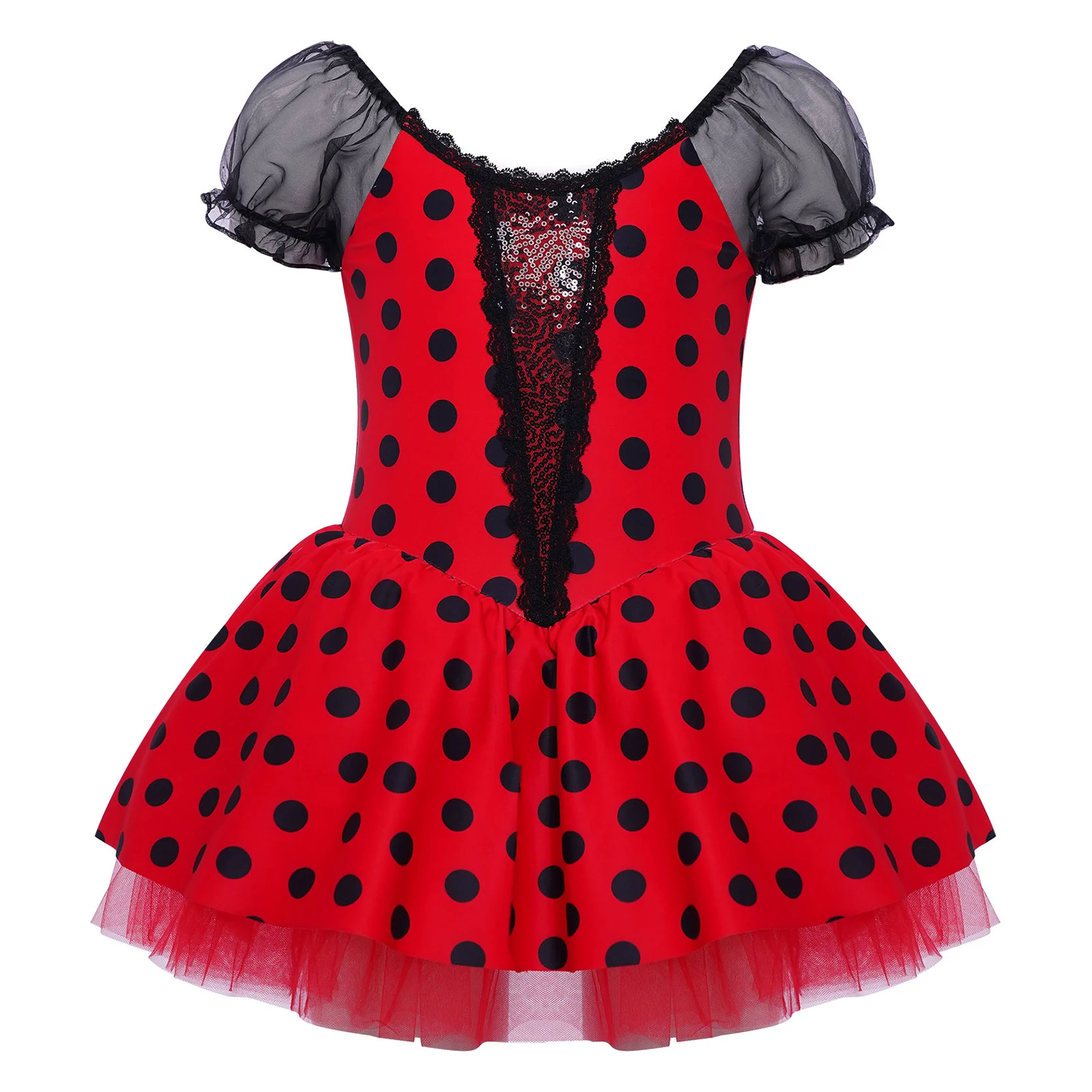 어린이 소녀 투투 발레 댄스 공연 의상 전문 댄스웨어 퍼프 슬리브 도트 프린트 튤 드레스 내장 팬티 포함