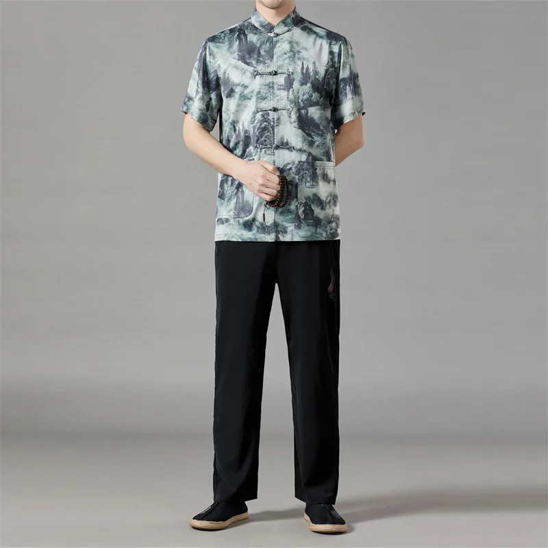 Fashion Chinese Style Casual Tang Suit Middle Aged Printed Loose Standing Collar Short Sleeved Shirt Men's Traditional Uniform