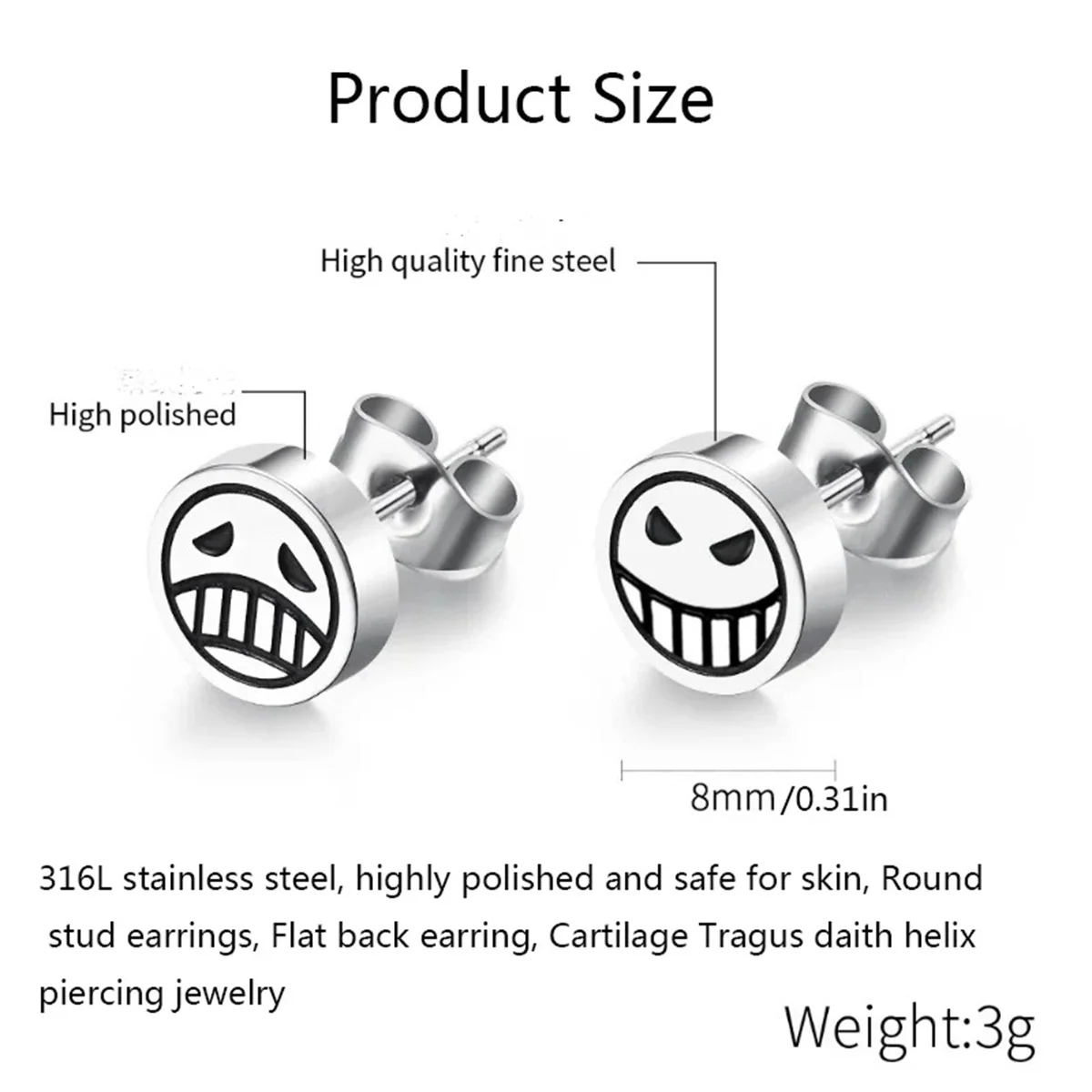 1Pair 316L Stainless Steel Smile Cry Face Stud Earring for Women Men,Fashion Cartilage Tragus Forward Helix Ear Piercing Jewelry