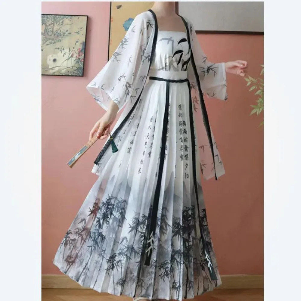 3pcs Set Hanfu Jacket + Camis + Ink Painting Pleated Skirt Song Dynasty Costume Summer Ancient Chinese Retro Style Hanfu Women