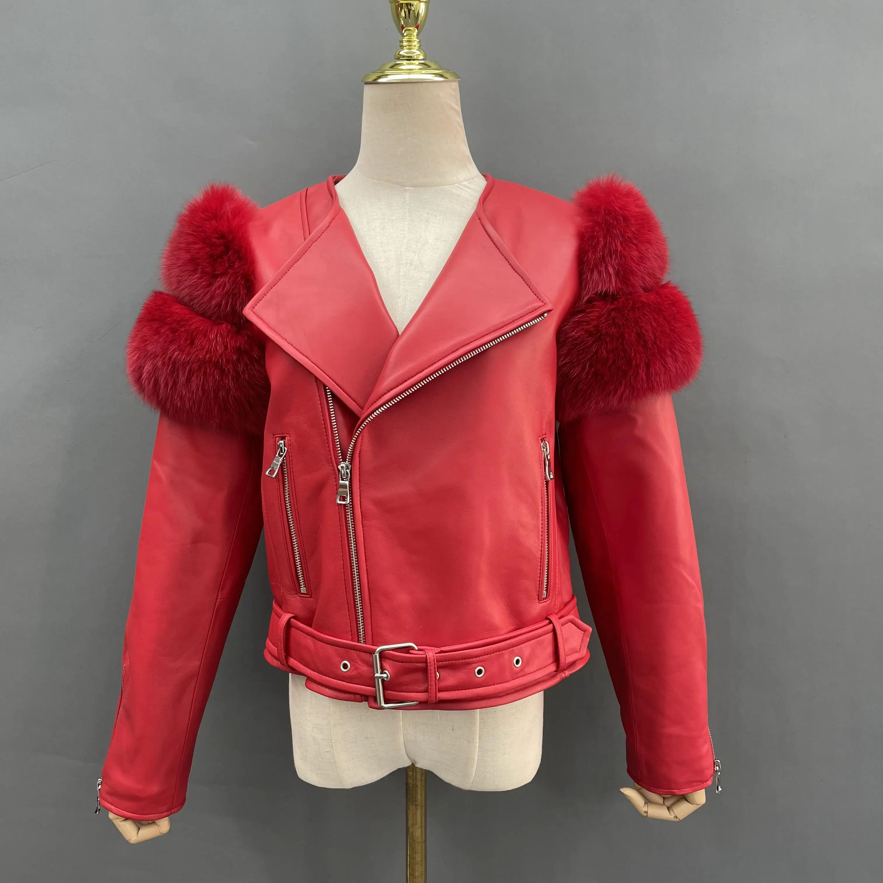 Spring Autumn Women Fashion Leather Jacket  Fur Pompom Sheepskin Leather Coat